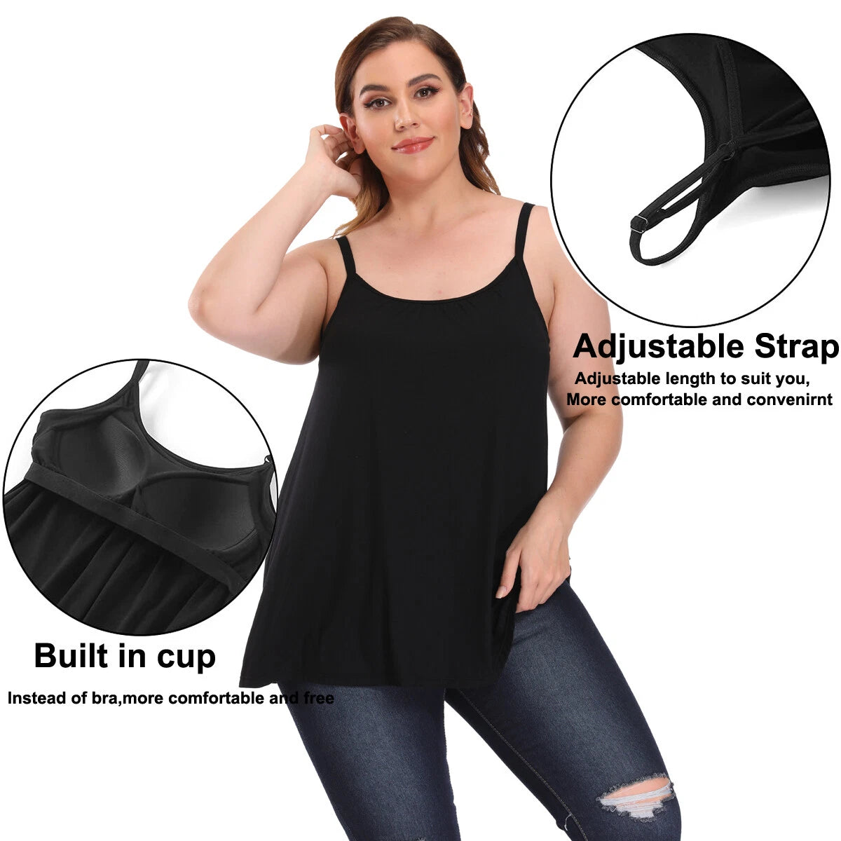 🔥Flash Sale⚡️Plus Size Camisoles Women with Built in Bra Tank Top Cami Sleeveless Summer Tops