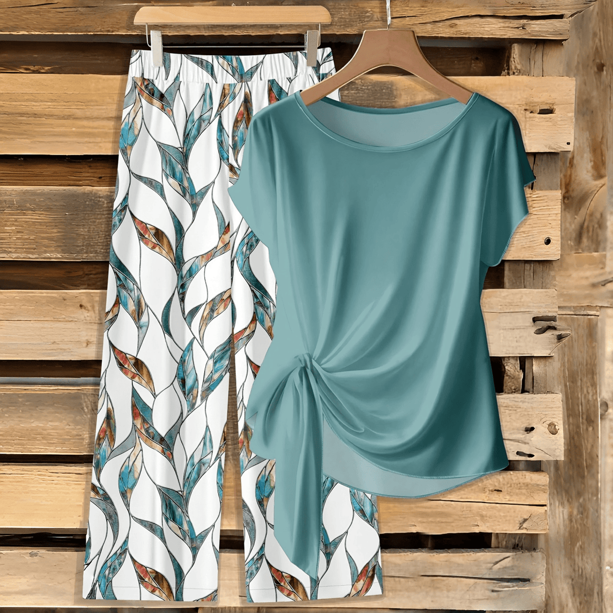 【LAST DAY SALE】Women's Casual Printed Knot Shirt and Loose Straight Pants Set