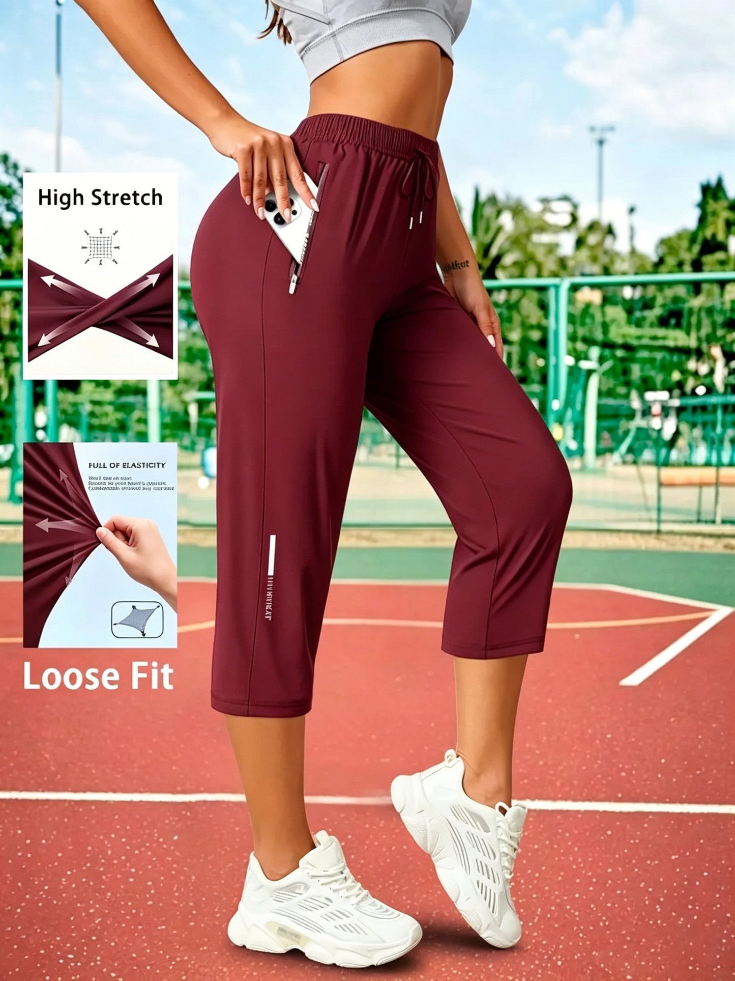 Women's Capris Pants - Loose Fit, Summer Drawstring Waist, Zippered Pockets, Breathable High-Stretch Fabric, Suitable for Everyday Wear