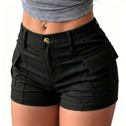 Women’s summer cargo shorts featuring a button waist and large pockets