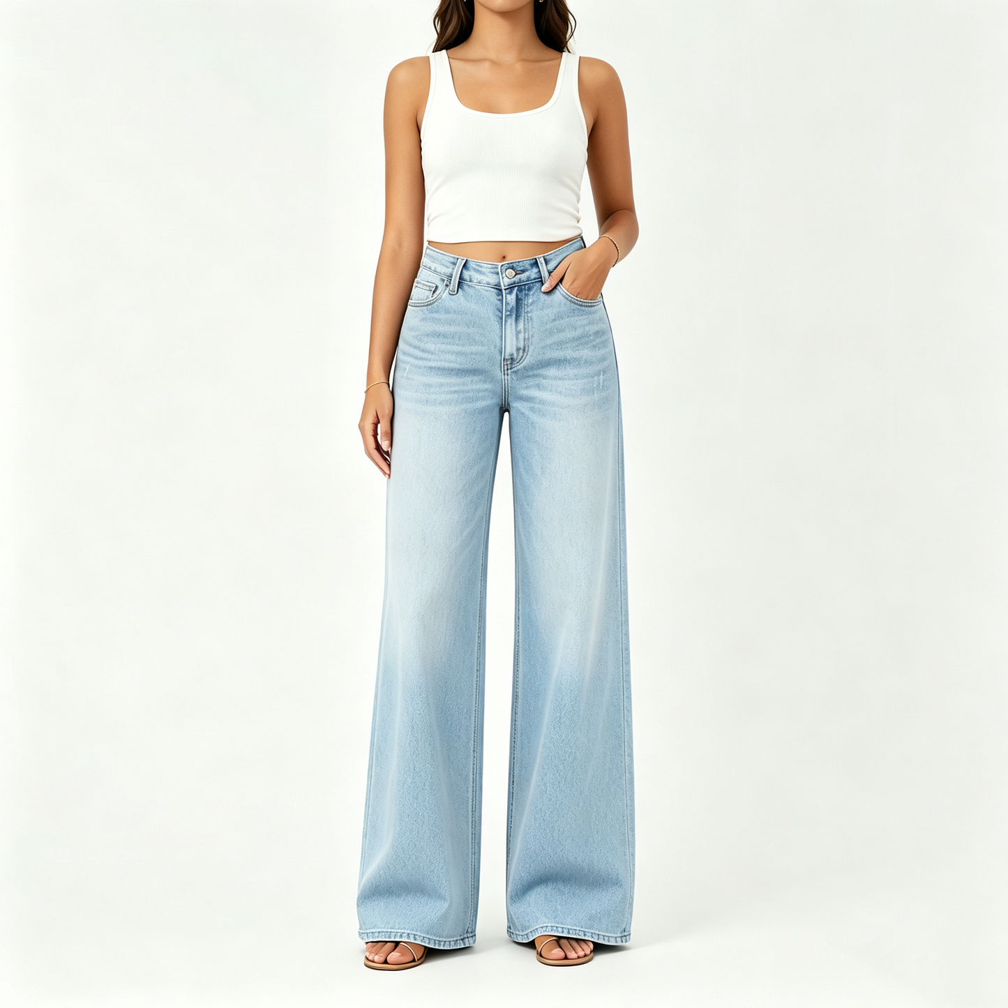 【Free Shipping】Rise Baggy Stretchy Wide Leg Jeans