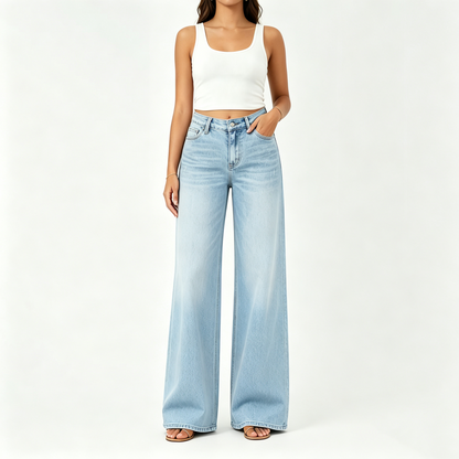 【Free Shipping】Rise Baggy Stretchy Wide Leg Jeans