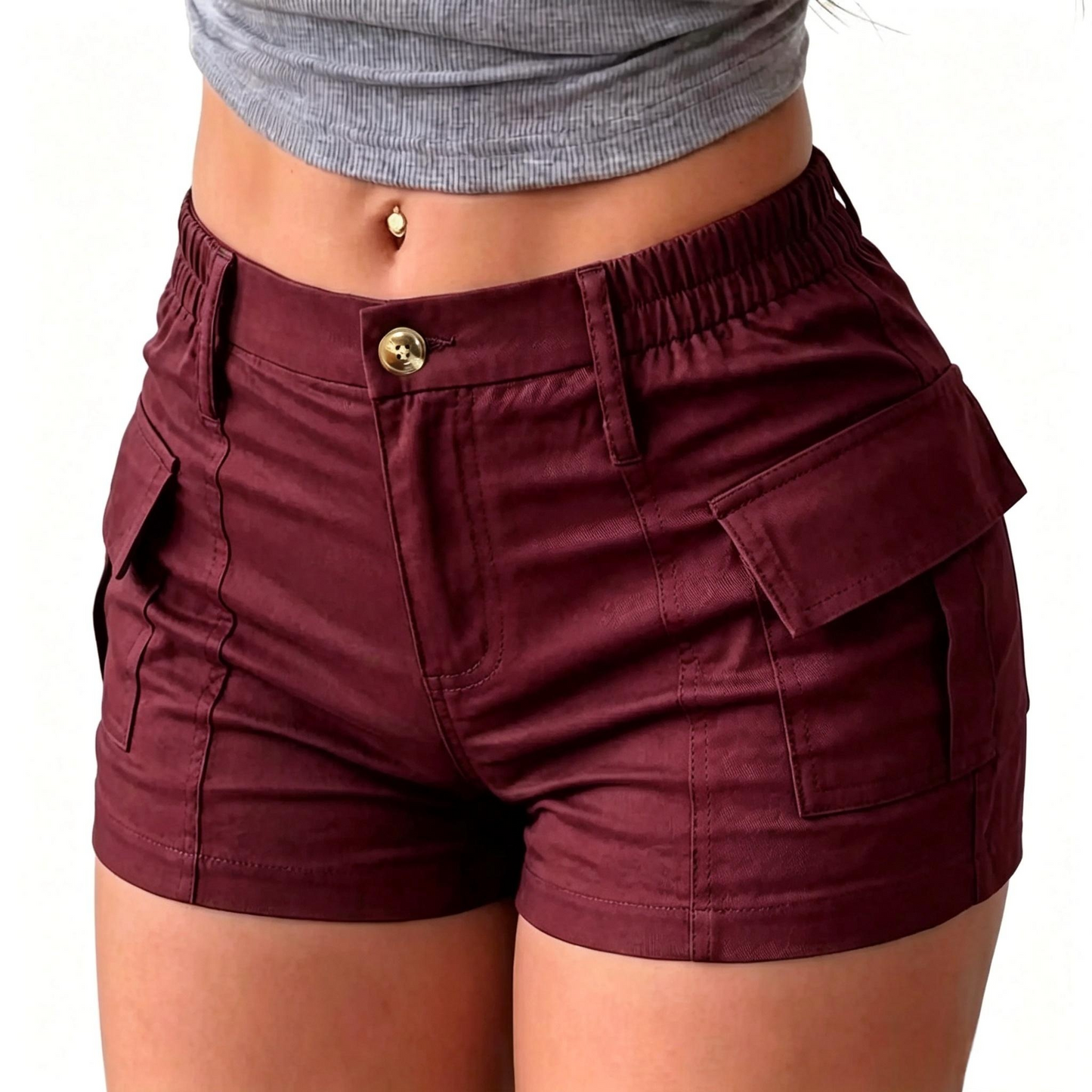 Women’s summer cargo shorts featuring a button waist and large pockets