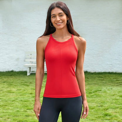 Women's Seamless Ribbed Racerback Tank Top Crew Neck Athletic Workout Camisole with Built-In Bra
