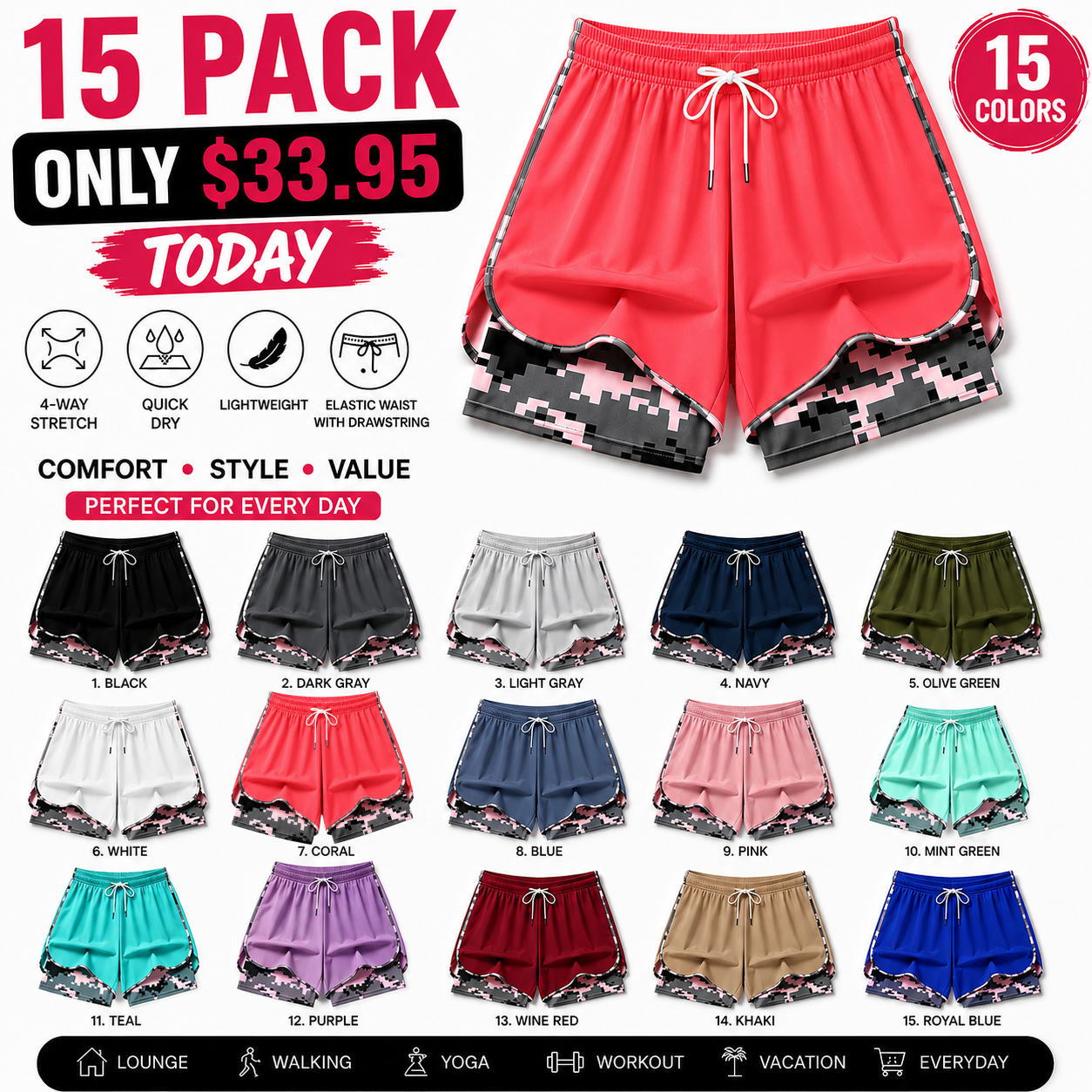 【LAST DAY SALE】Women’s casual athletic shorts with pockets Breathable Double-Lined Shorts