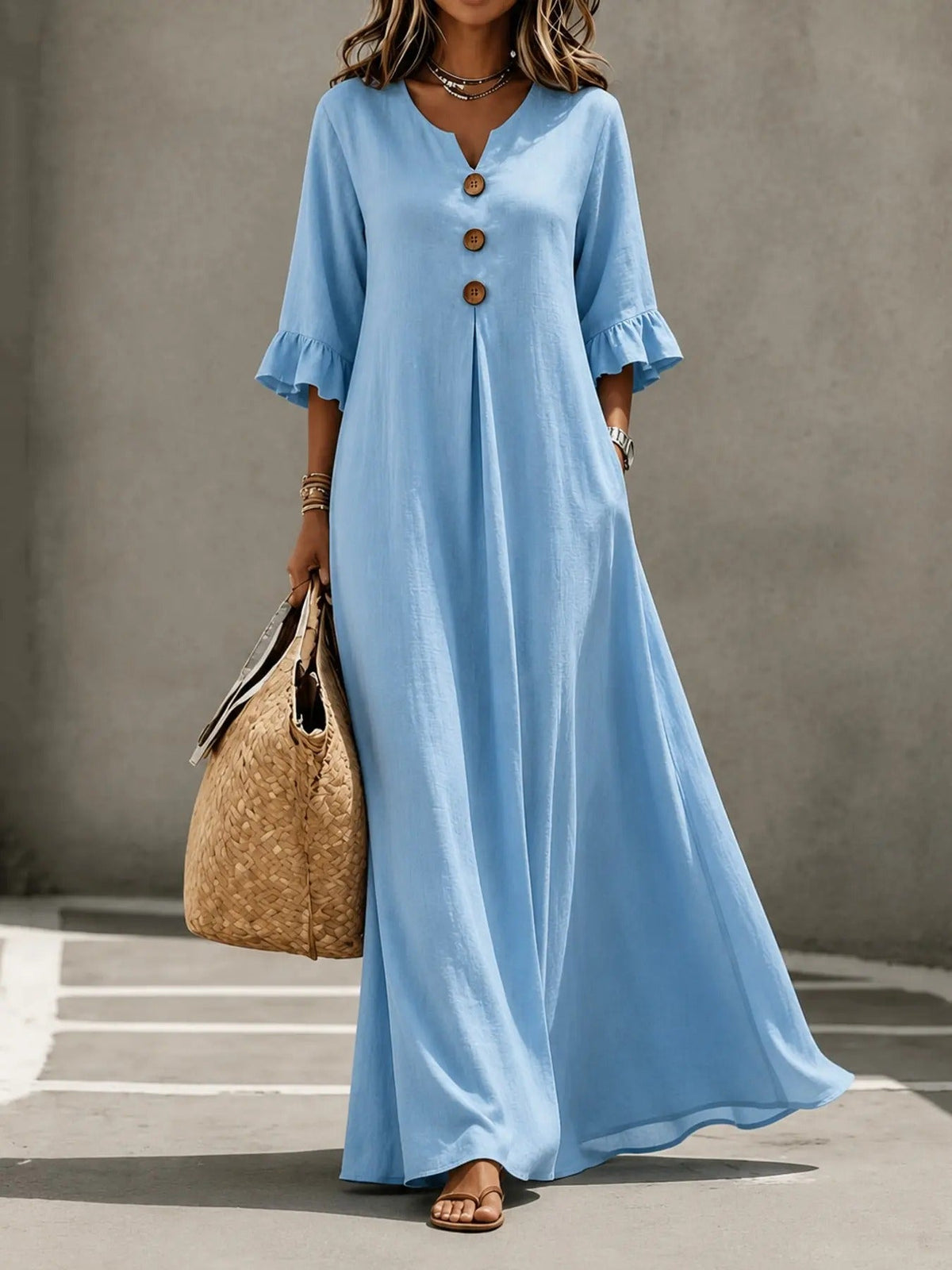Women's Boho Solid V-Neck A-Line Dress