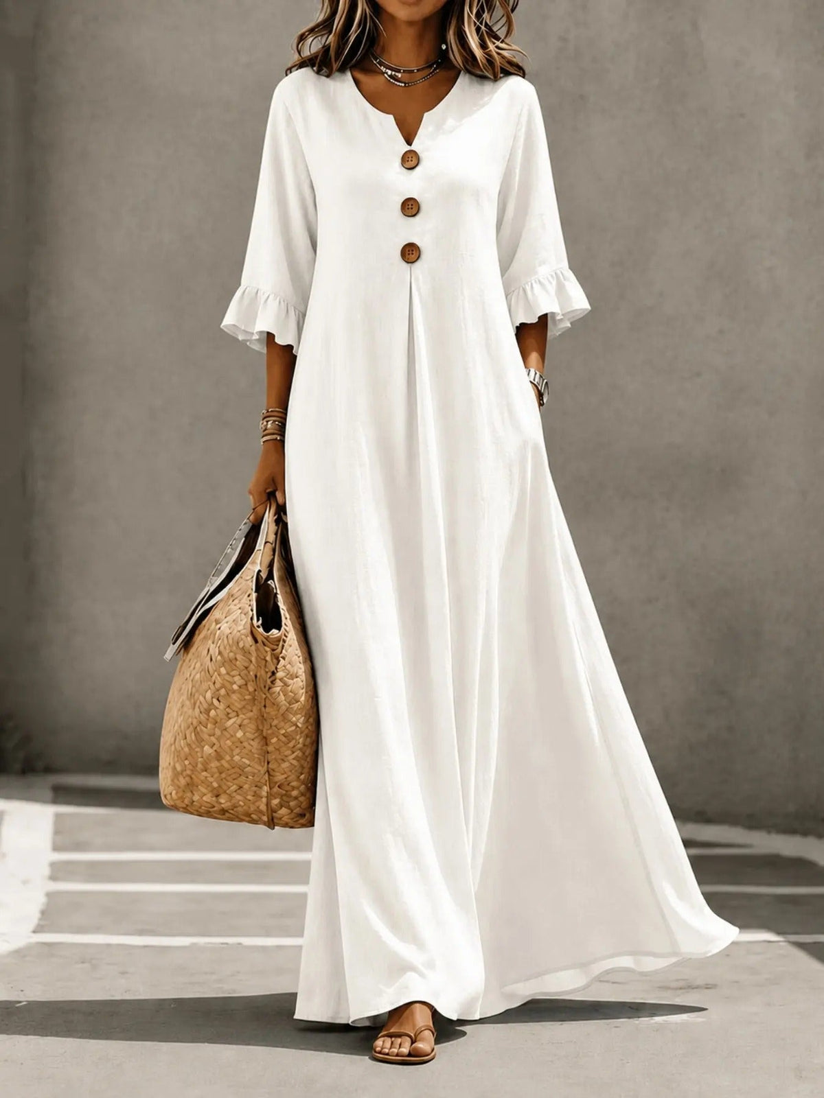 Women's Boho Solid V-Neck A-Line Dress