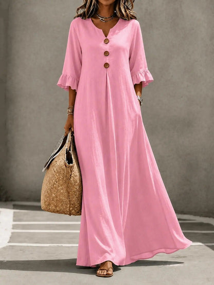 Women's Boho Solid V-Neck A-Line Dress