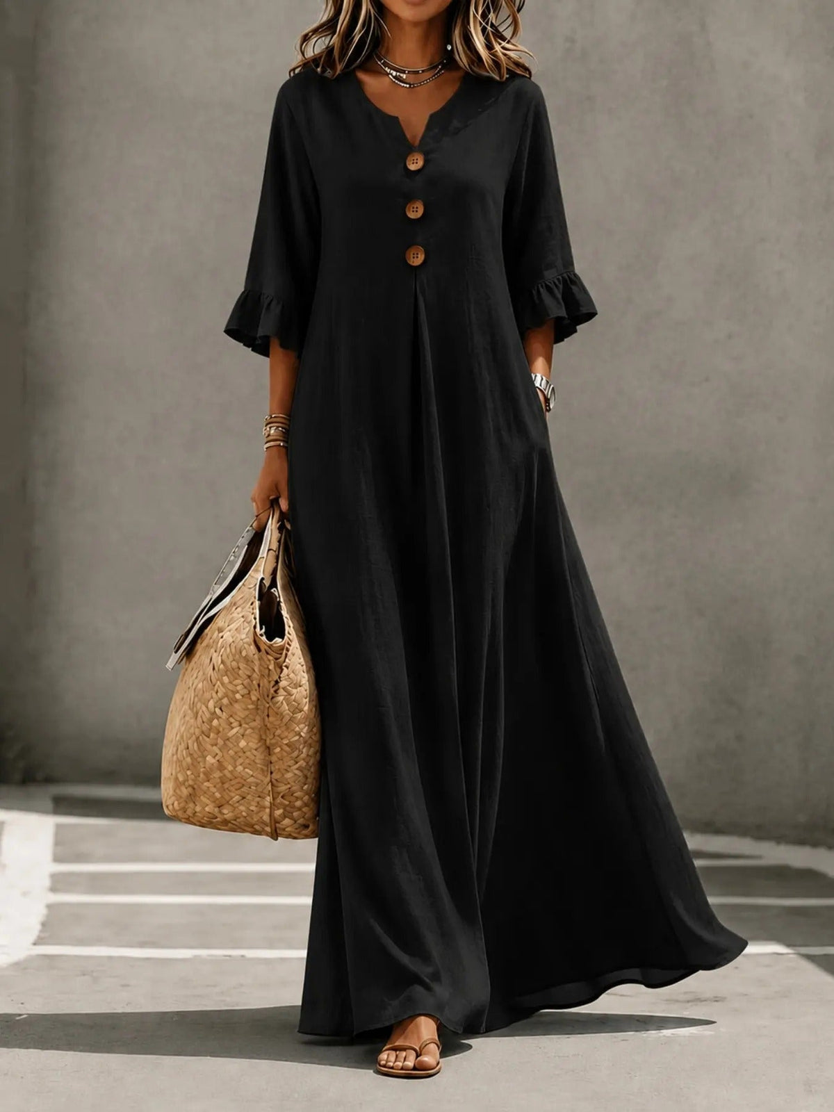 Women's Boho Solid V-Neck A-Line Dress