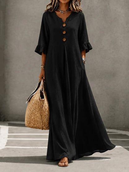 Women's Boho Solid V-Neck A-Line Dress