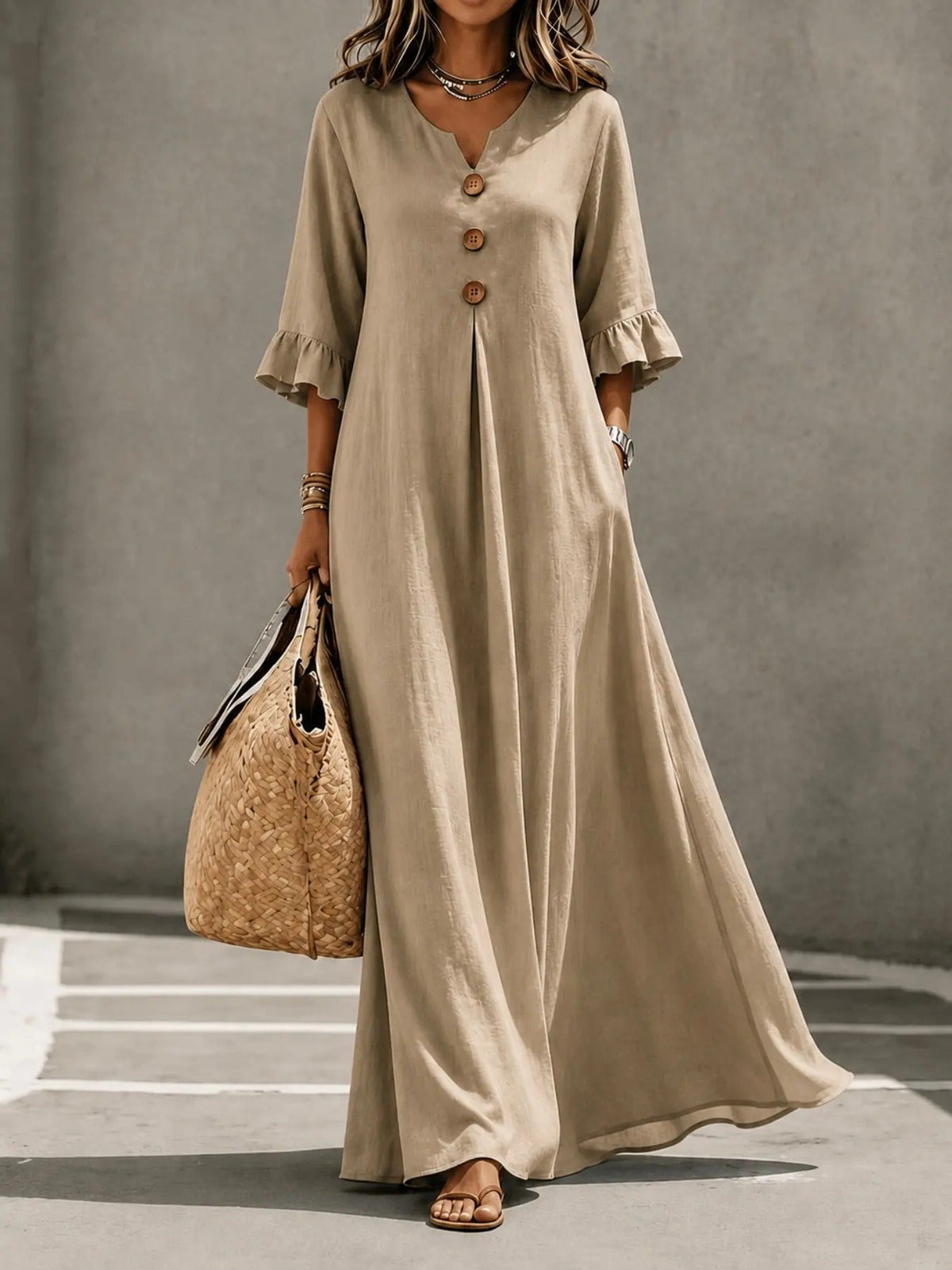 Women's Boho Solid V-Neck A-Line Dress