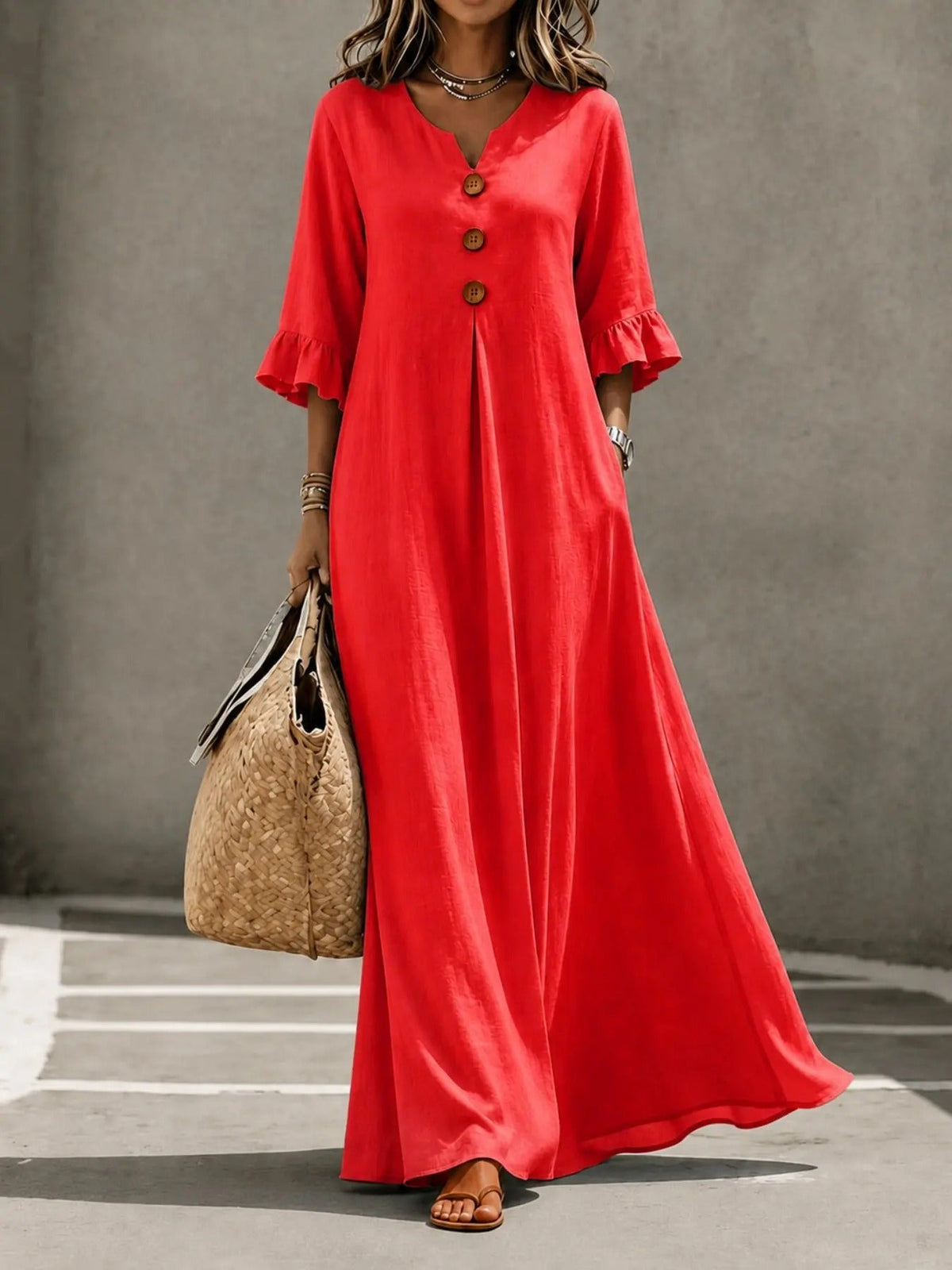 Women's Boho Solid V-Neck A-Line Dress