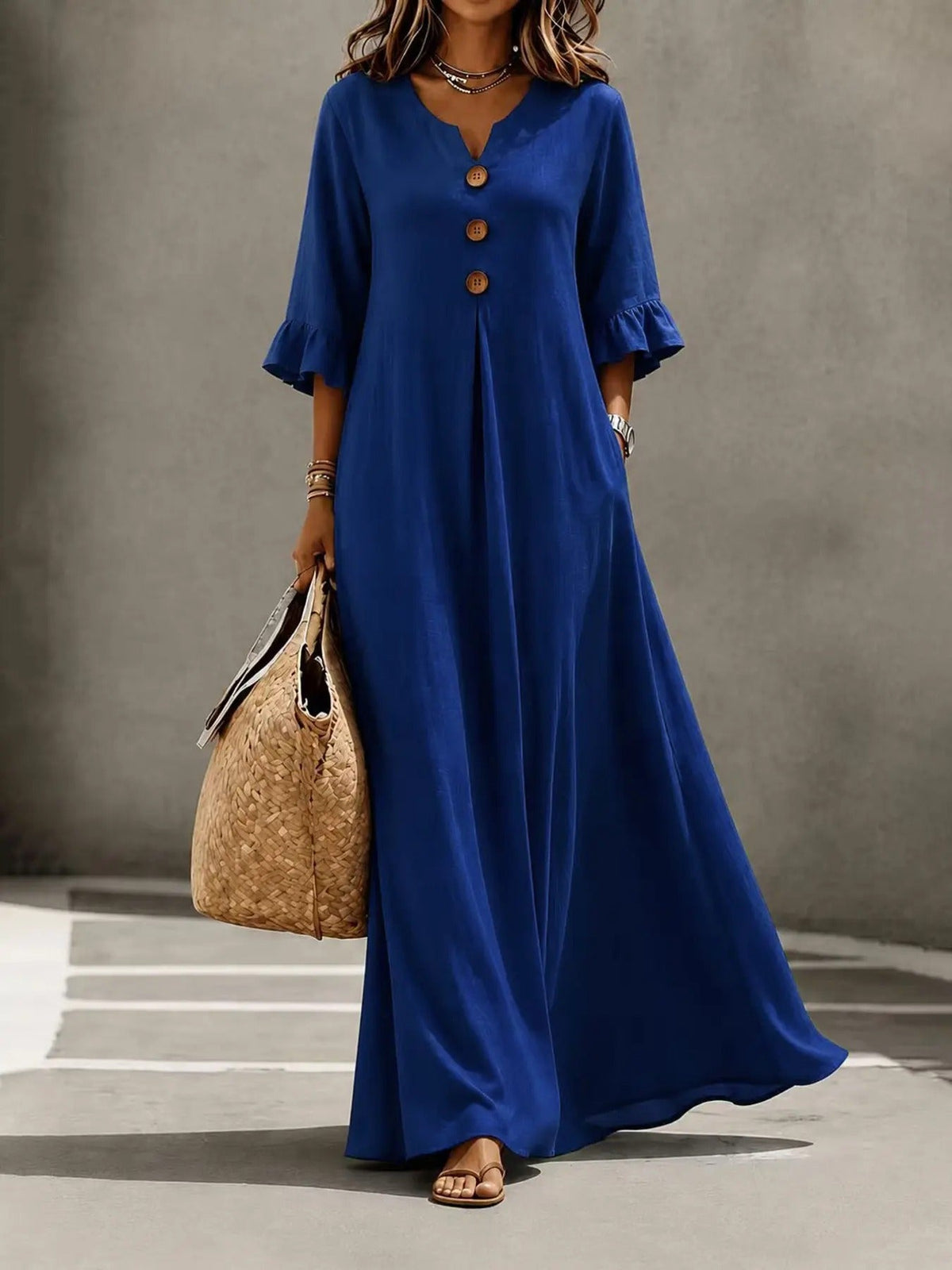 Women's Boho Solid V-Neck A-Line Dress