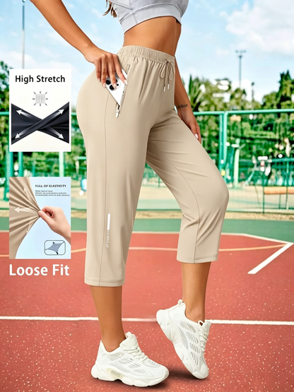 Women's Capris Pants - Loose Fit, Summer Drawstring Waist, Zippered Pockets, Breathable High-Stretch Fabric, Suitable for Everyday Wear