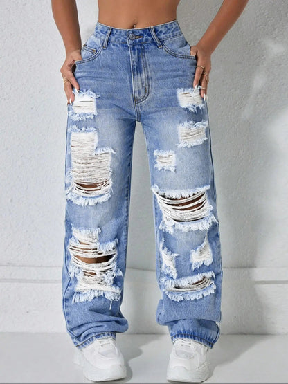 [Last Day Promotion]High Waist Pocket Ripped Denim High Rise Jeans