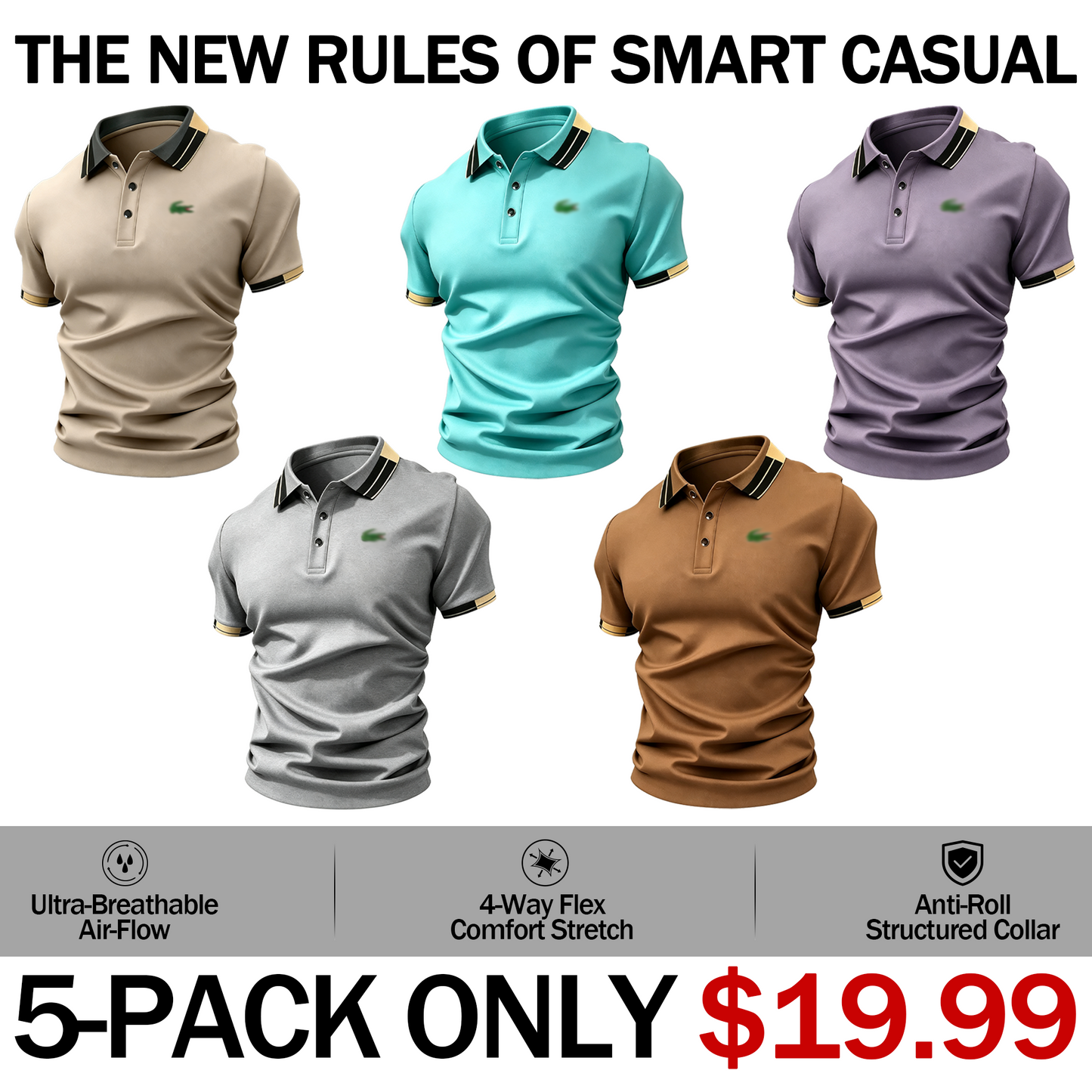 Men’s Crocodile Print Polo Shirt – Breathable Casual Stretch Fit Top