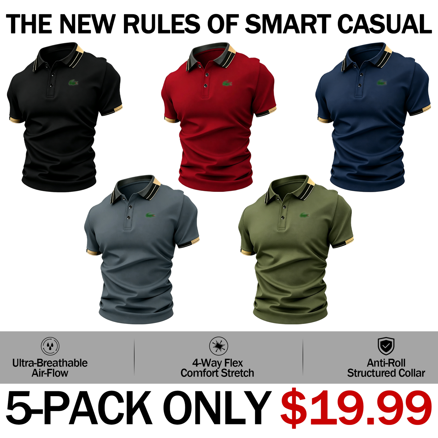Men’s Crocodile Print Polo Shirt – Breathable Casual Stretch Fit Top
