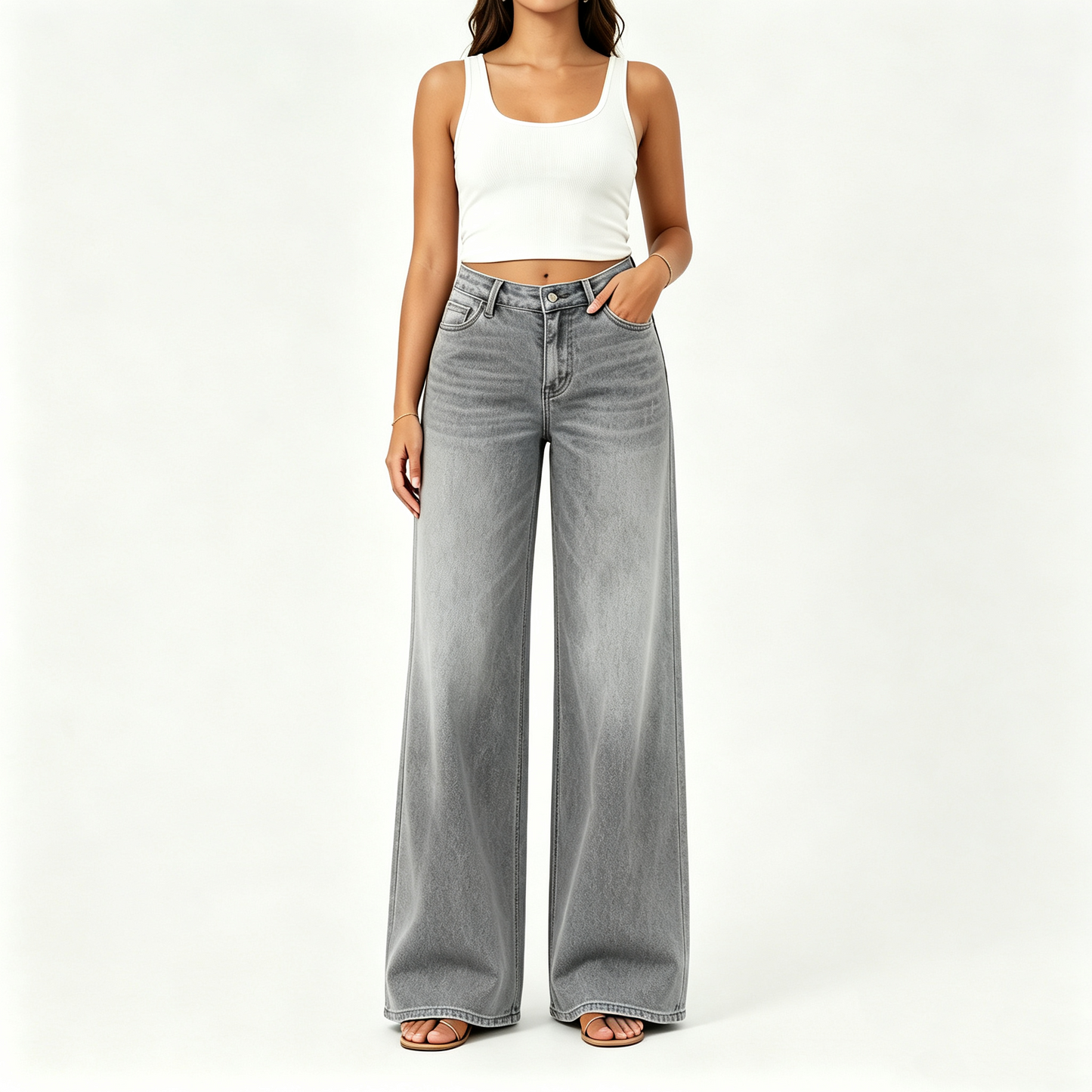 【Free Shipping】Rise Baggy Stretchy Wide Leg Jeans