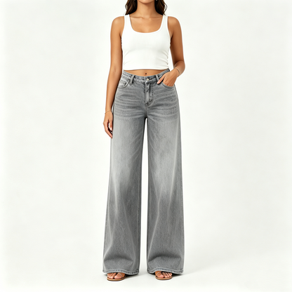 【Free Shipping】Rise Baggy Stretchy Wide Leg Jeans