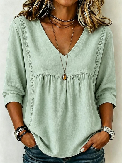【LAST DAY SALE】Women's Loose-Fit V-Neck Lace Blouse, 3/4-Length Puff Sleeves