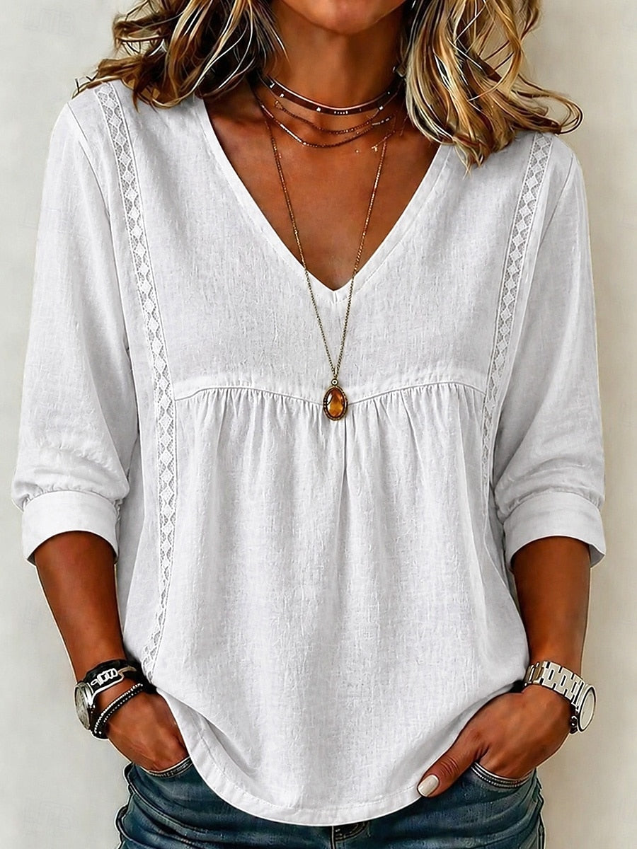 【LAST DAY SALE】Women's Loose-Fit V-Neck Lace Blouse, 3/4-Length Puff Sleeves