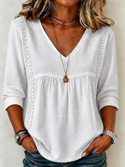 【LAST DAY SALE】Women's Loose-Fit V-Neck Lace Blouse, 3/4-Length Puff Sleeves