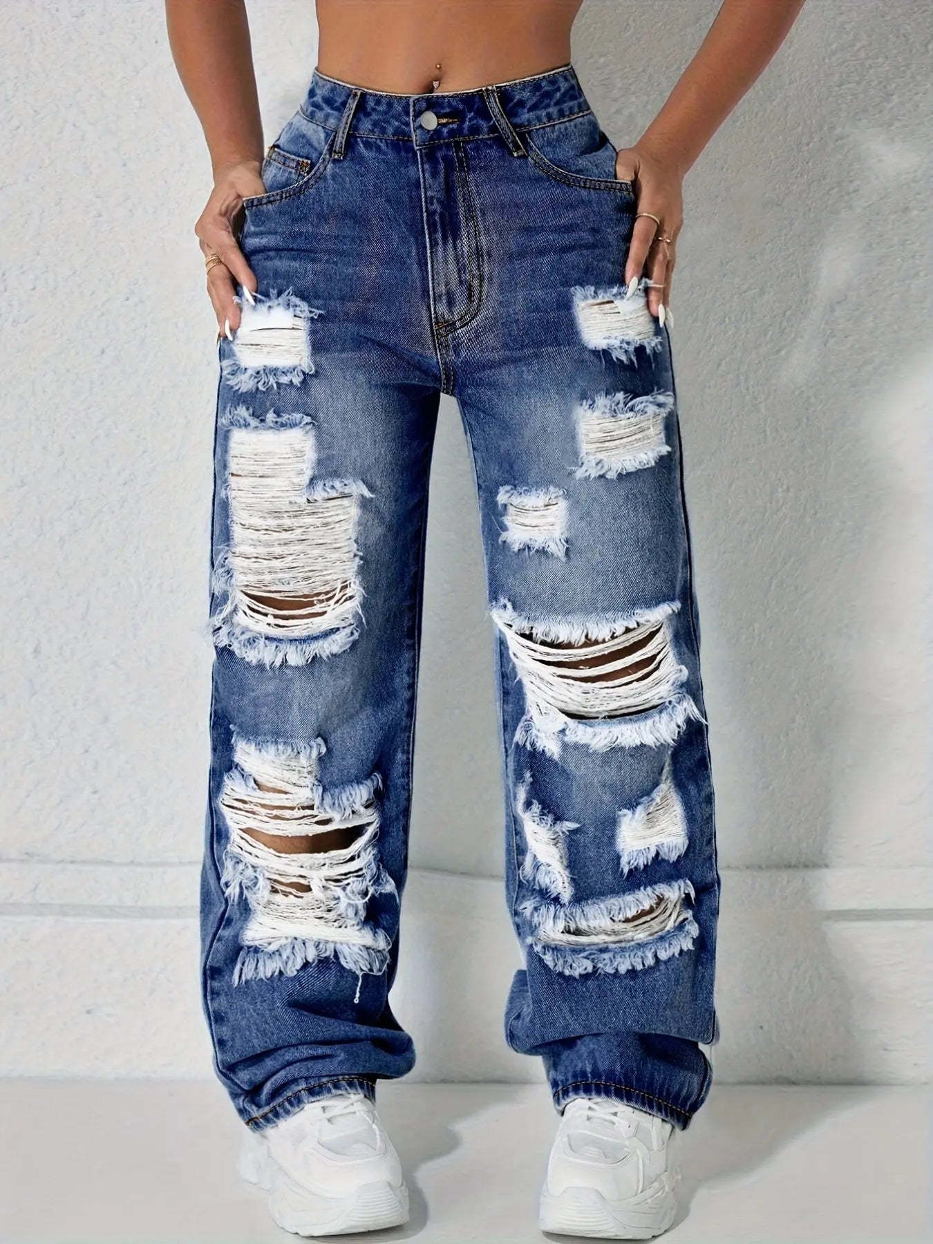 [Last Day Promotion]High Waist Pocket Ripped Denim High Rise Jeans