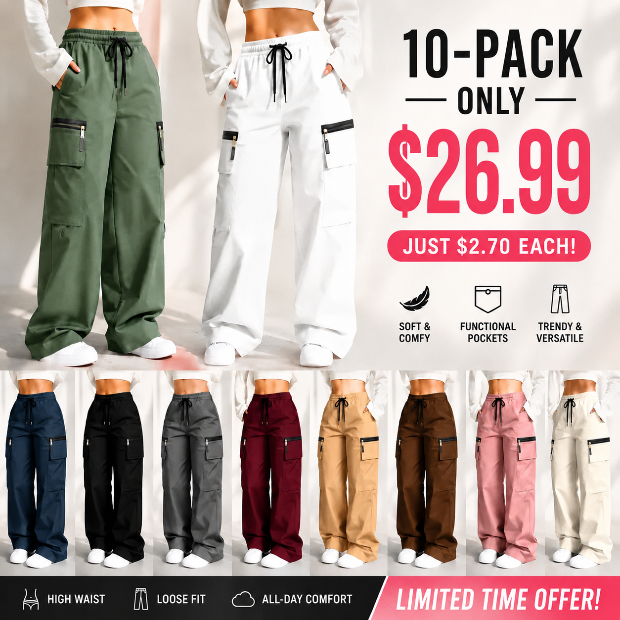 Women’s lightweight loose cargo pants with multiple pockets