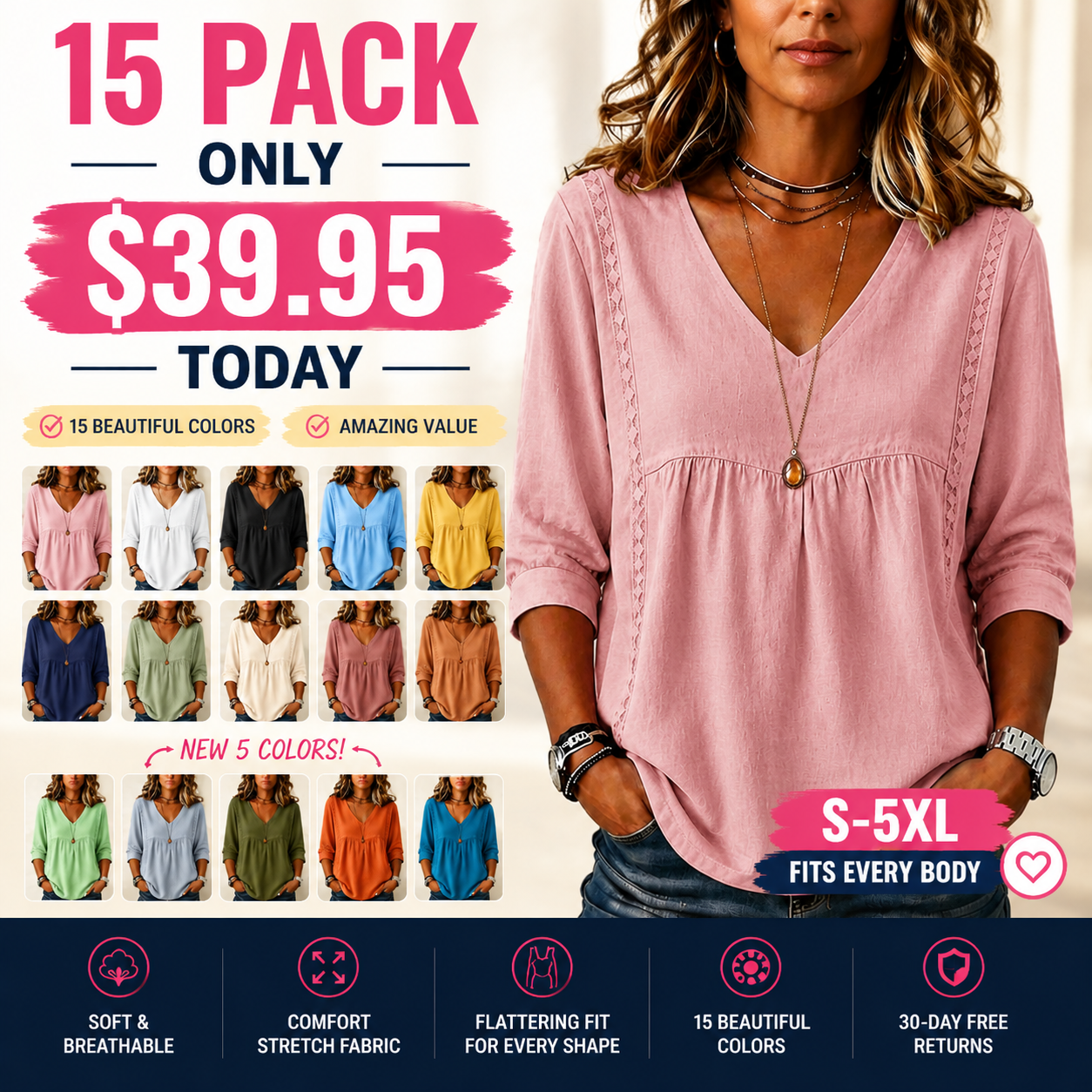 【LAST DAY SALE】Women's Loose-Fit V-Neck Lace Blouse, 3/4-Length Puff Sleeves