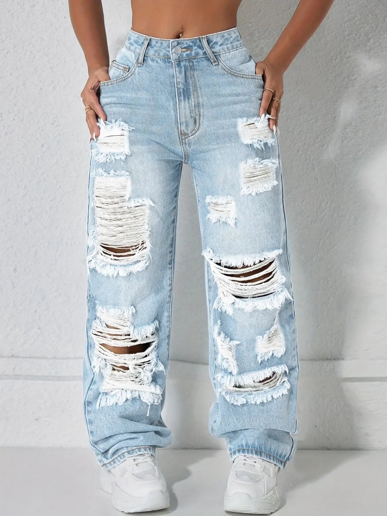 [Last Day Promotion]High Waist Pocket Ripped Denim High Rise Jeans