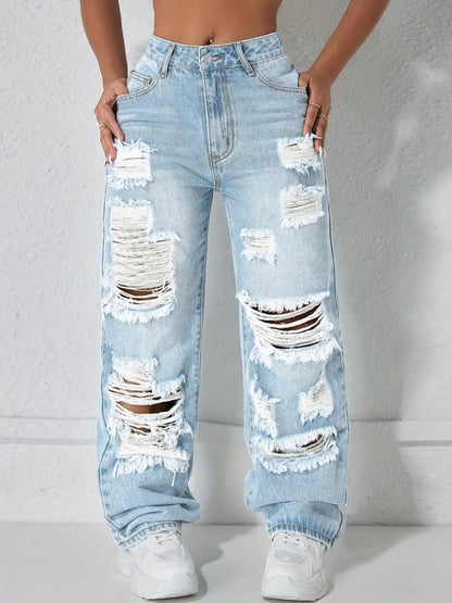 [Last Day Promotion]High Waist Pocket Ripped Denim High Rise Jeans