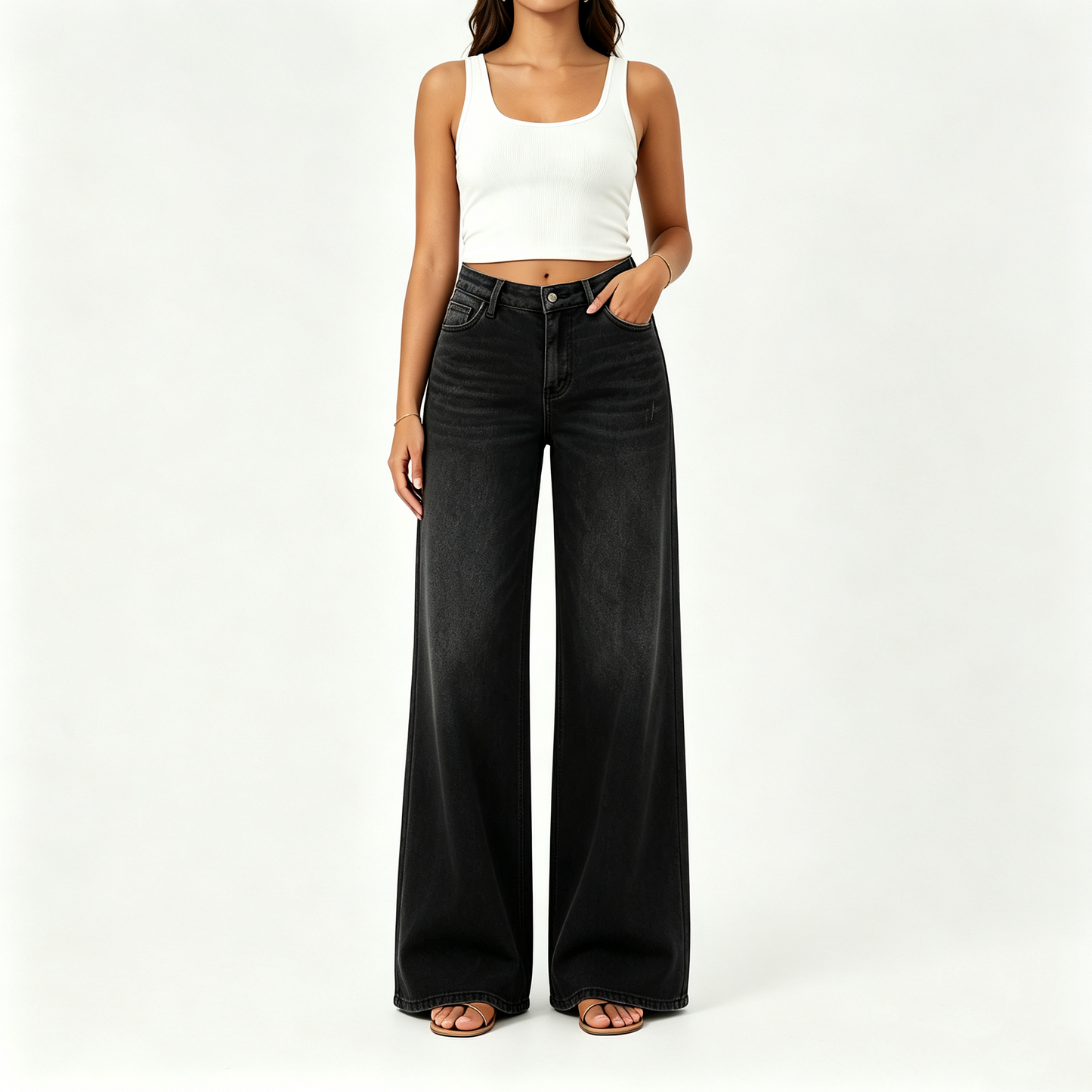 【Free Shipping】Rise Baggy Stretchy Wide Leg Jeans