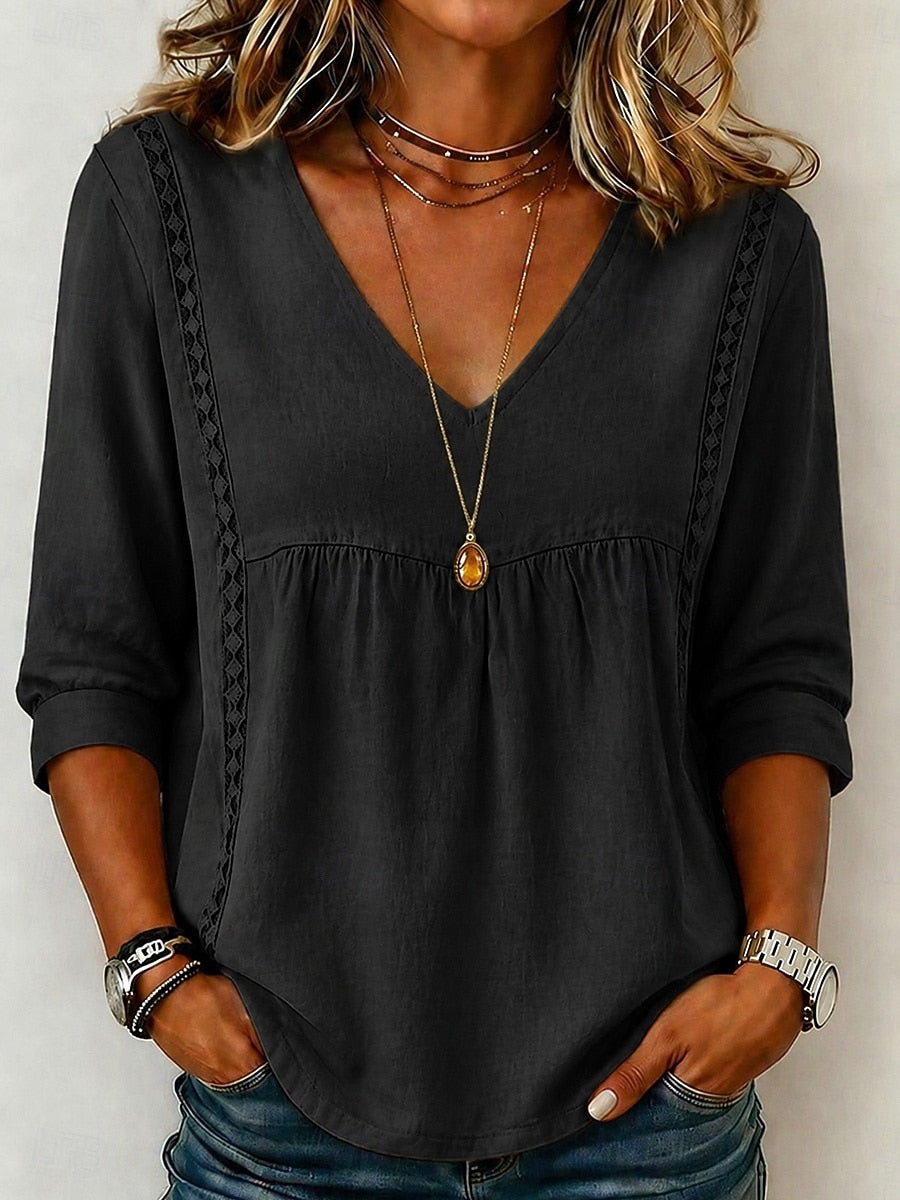 【LAST DAY SALE】Women's Loose-Fit V-Neck Lace Blouse, 3/4-Length Puff Sleeves