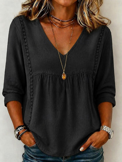 【LAST DAY SALE】Women's Loose-Fit V-Neck Lace Blouse, 3/4-Length Puff Sleeves
