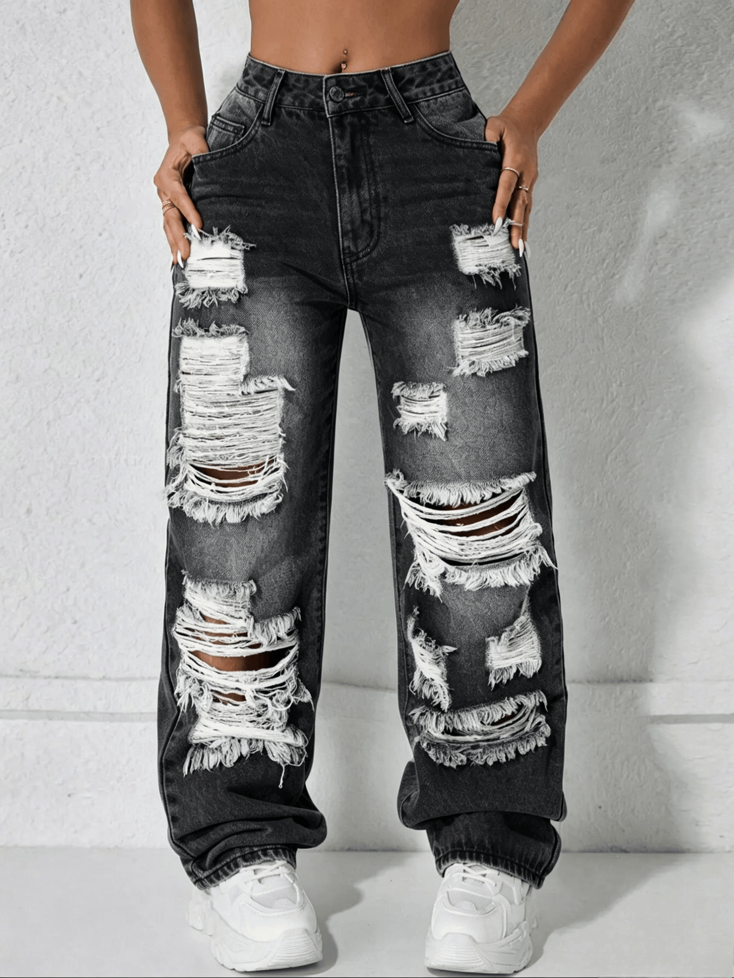 [Last Day Promotion]High Waist Pocket Ripped Denim High Rise Jeans