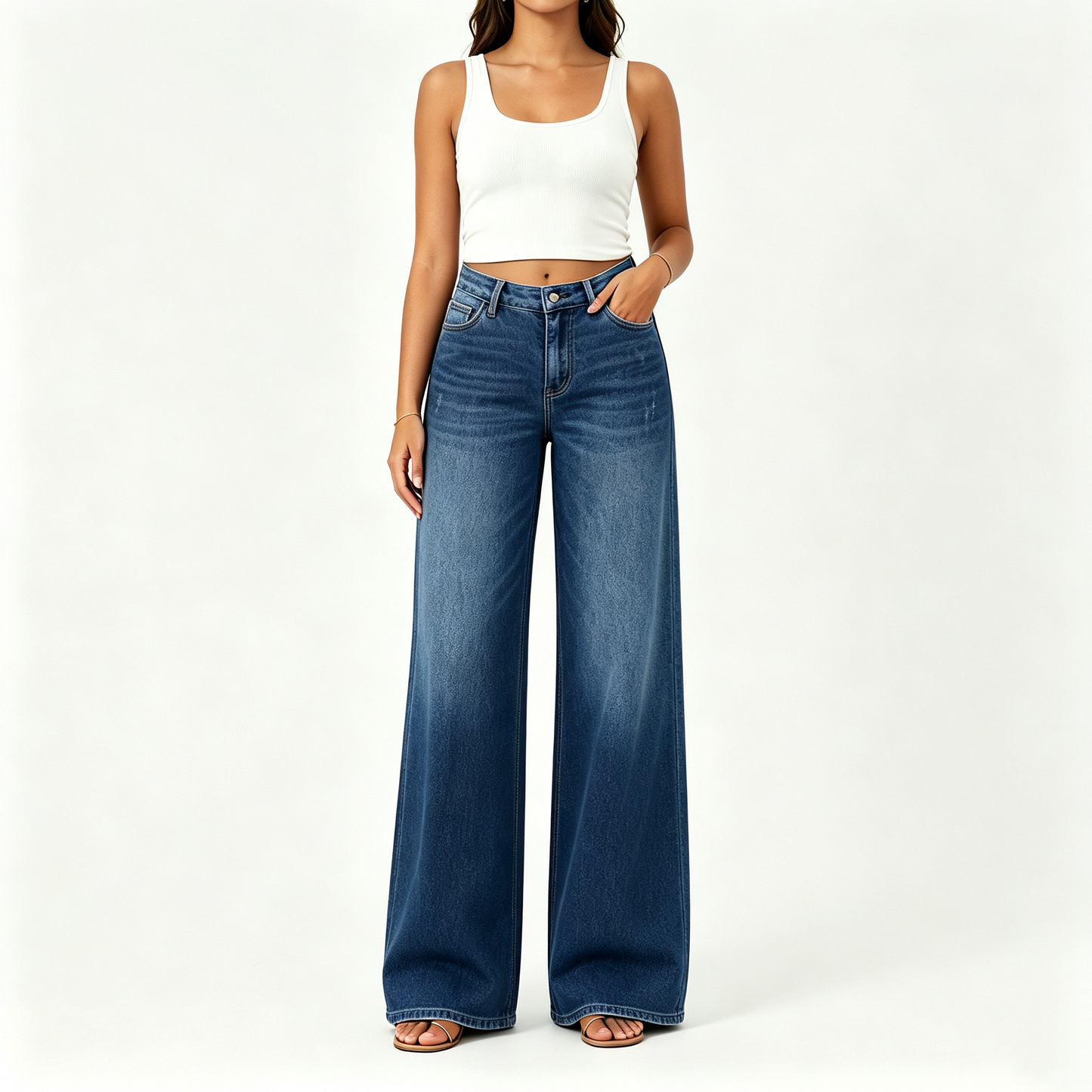 【Free Shipping】Rise Baggy Stretchy Wide Leg Jeans