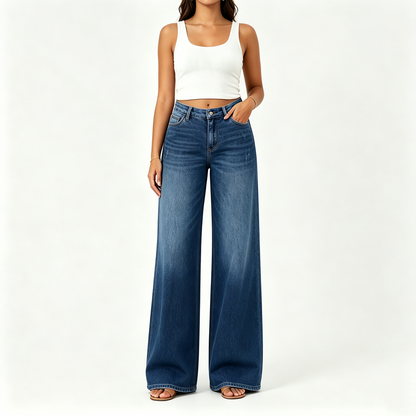 【Free Shipping】Rise Baggy Stretchy Wide Leg Jeans