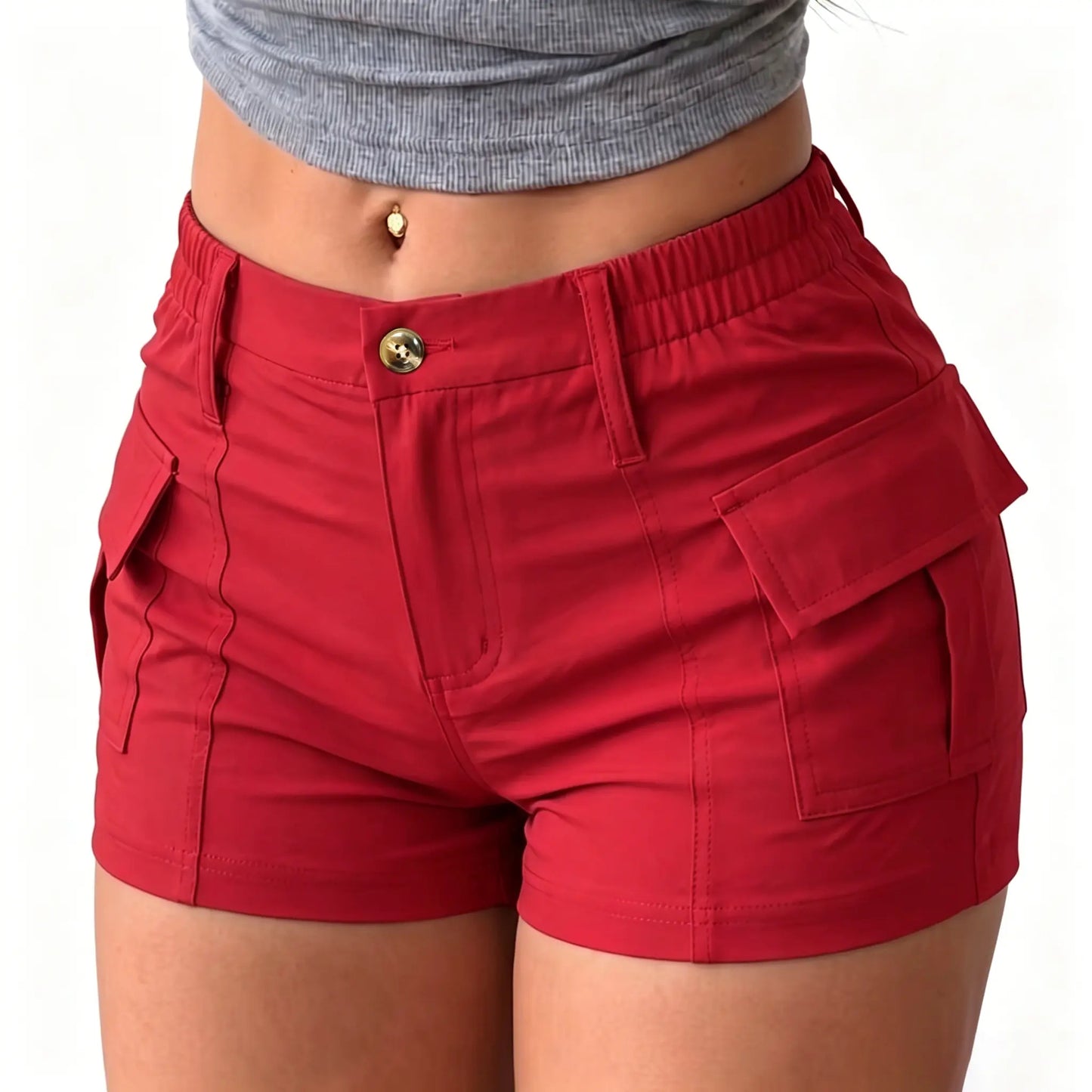 Women’s summer cargo shorts featuring a button waist and large pockets