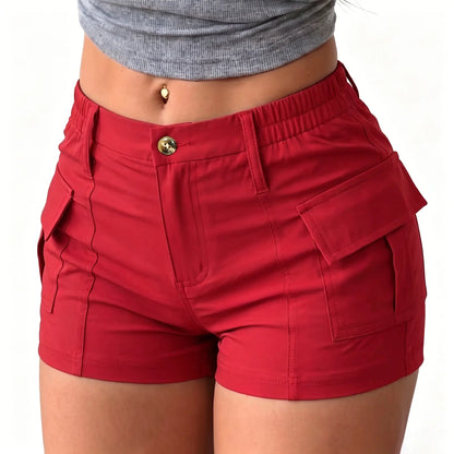 Women’s summer cargo shorts featuring a button waist and large pockets