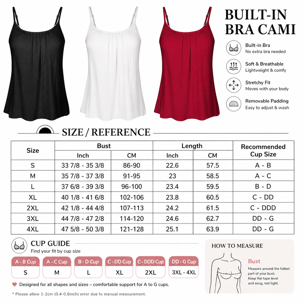 🔥Flash Sale⚡️Plus Size Camisoles Women with Built in Bra Tank Top Cami Sleeveless Summer Tops