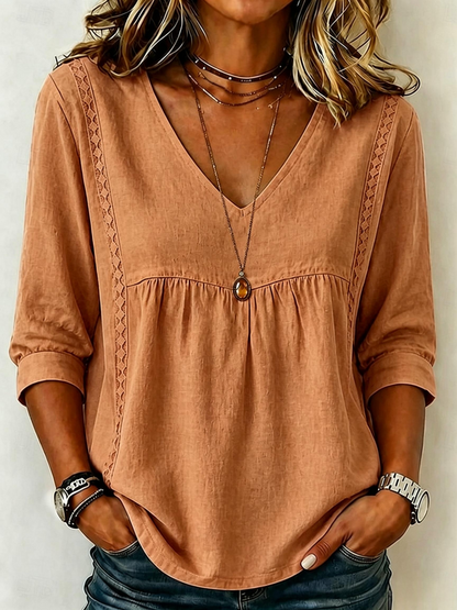 【LAST DAY SALE】Women's Loose-Fit V-Neck Lace Blouse, 3/4-Length Puff Sleeves