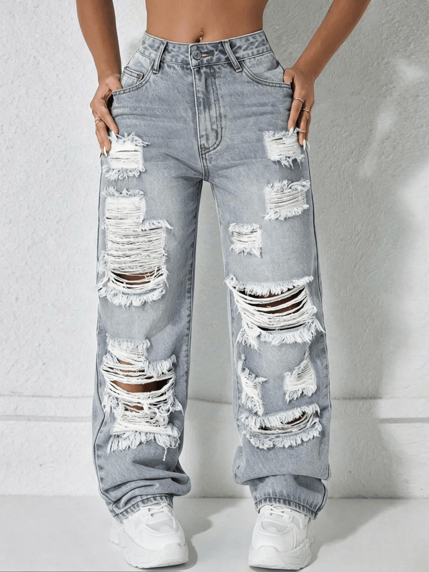 [Last Day Promotion]High Waist Pocket Ripped Denim High Rise Jeans