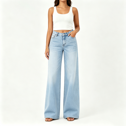 【Free Shipping】Rise Baggy Stretchy Wide Leg Jeans