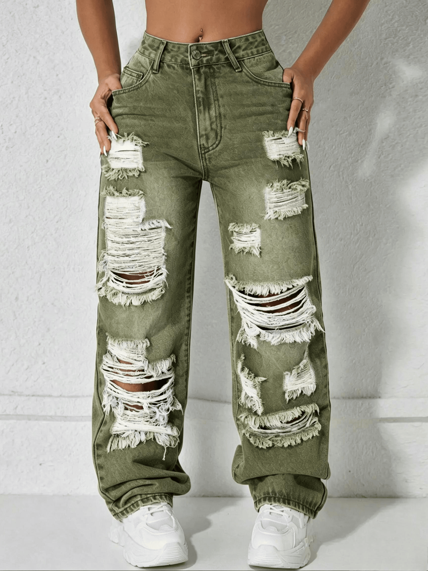 [Last Day Promotion]High Waist Pocket Ripped Denim High Rise Jeans