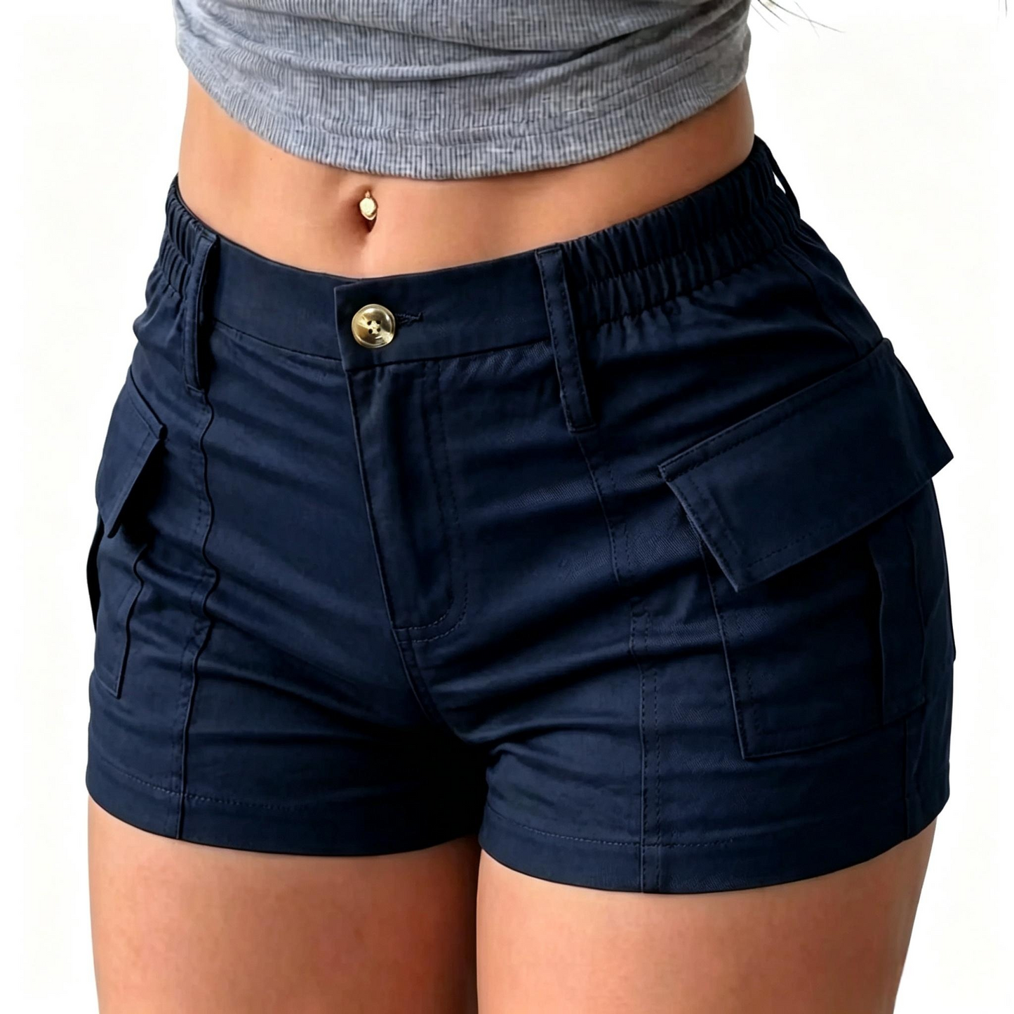 Women’s summer cargo shorts featuring a button waist and large pockets
