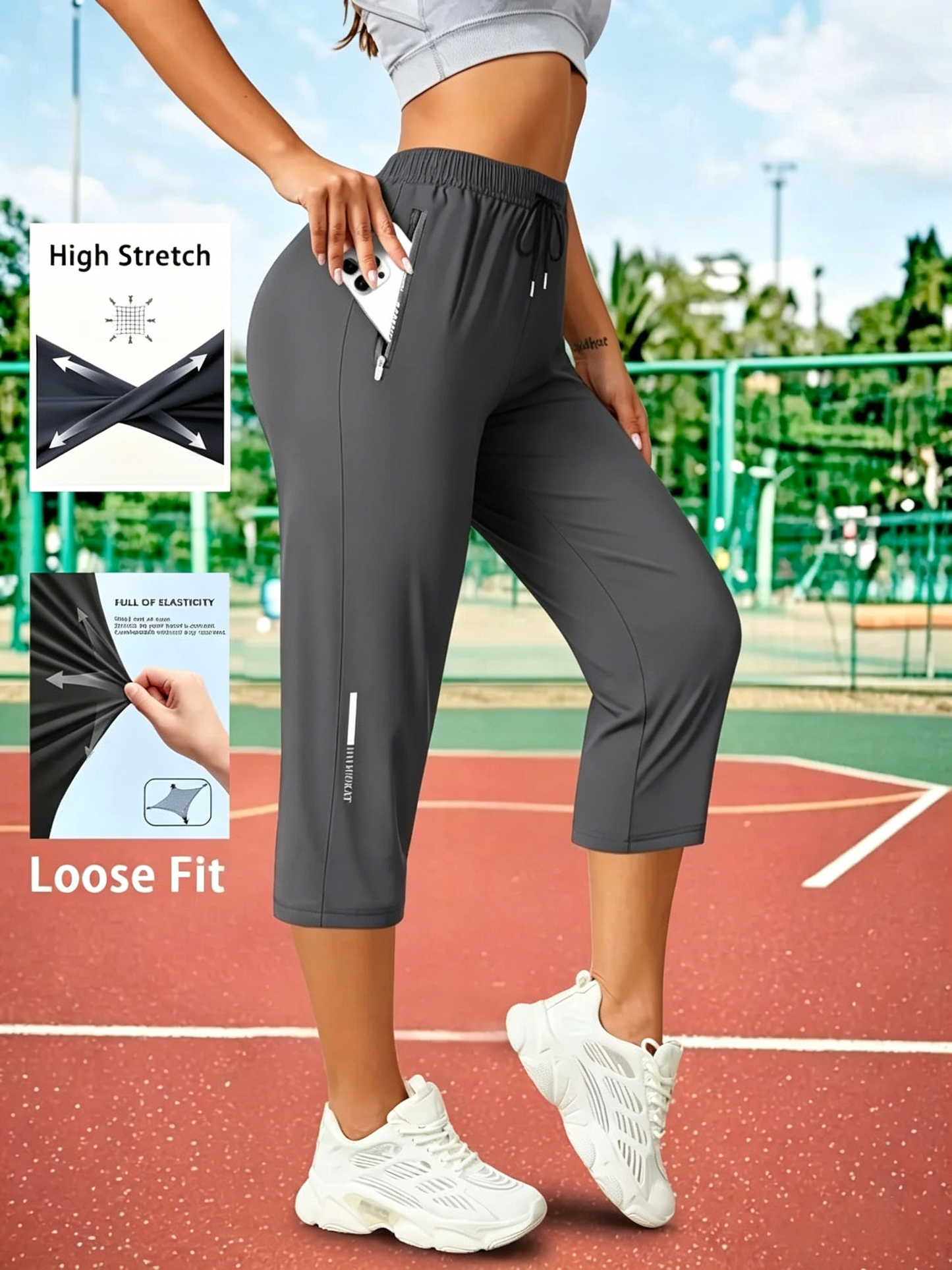 Women's Capris Pants - Loose Fit, Summer Drawstring Waist, Zippered Pockets, Breathable High-Stretch Fabric, Suitable for Everyday Wear