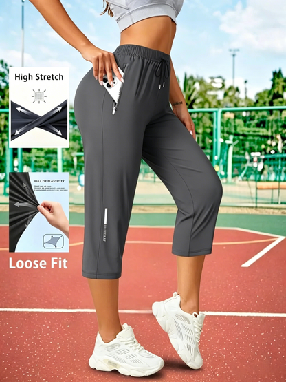 Women's Capris Pants - Loose Fit, Summer Drawstring Waist, Zippered Pockets, Breathable High-Stretch Fabric, Suitable for Everyday Wear