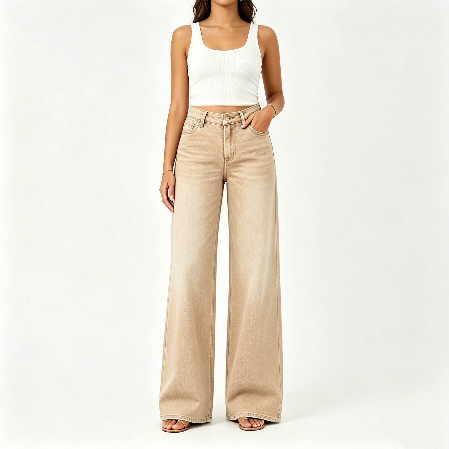 【Free Shipping】Rise Baggy Stretchy Wide Leg Jeans