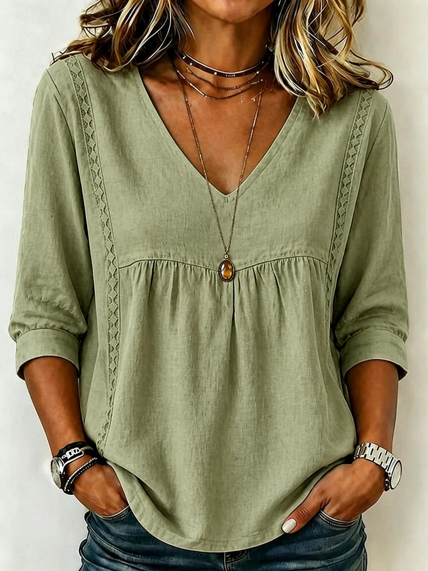 【LAST DAY SALE】Women's Loose-Fit V-Neck Lace Blouse, 3/4-Length Puff Sleeves