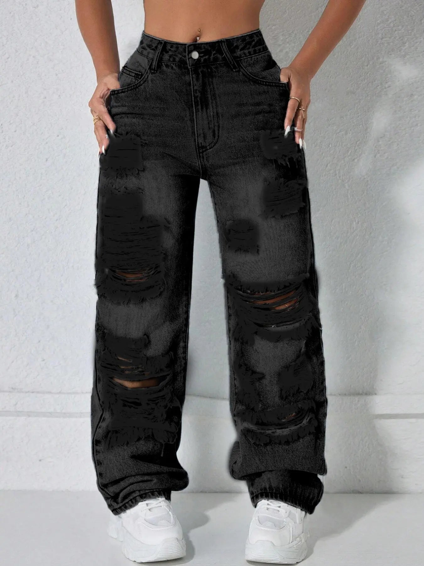 [Last Day Promotion]High Waist Pocket Ripped Denim High Rise Jeans